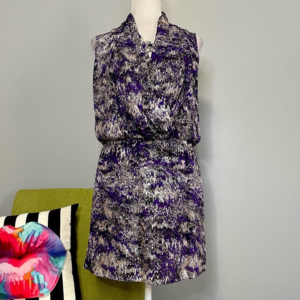 Parker Purple Black Marbled Silk Draped Elastic Waist Cocktail Dress